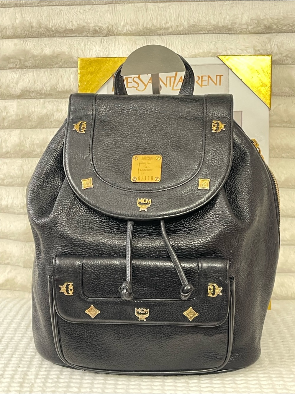 MCM Black Pebbled Leather Logo Drawstring Backpack with Gold Hardware
